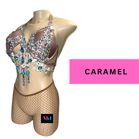 Caramel V-Cut Glitter Fishnet Stockings